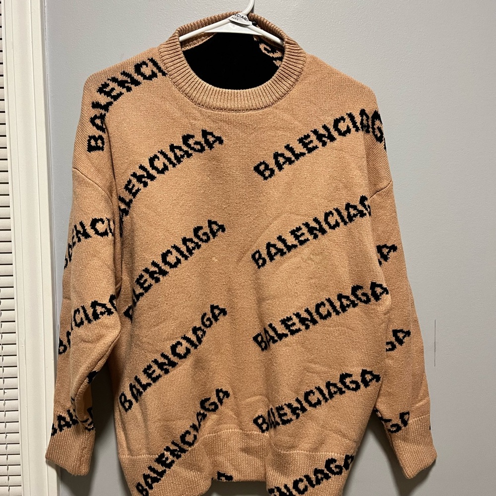 Balenciaga Tan Crew Neck Sweater with Black Logo Pattern